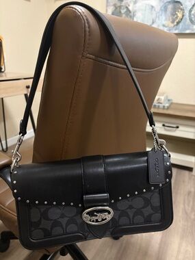 Coach Georgie Black Signature Canvas Shoulder Bag with Silver Studs